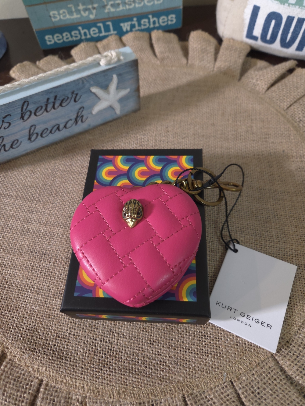 Kurt Geiger Hot Pink Quilted Heart Keyholder with Gold Tone Kiss Lock